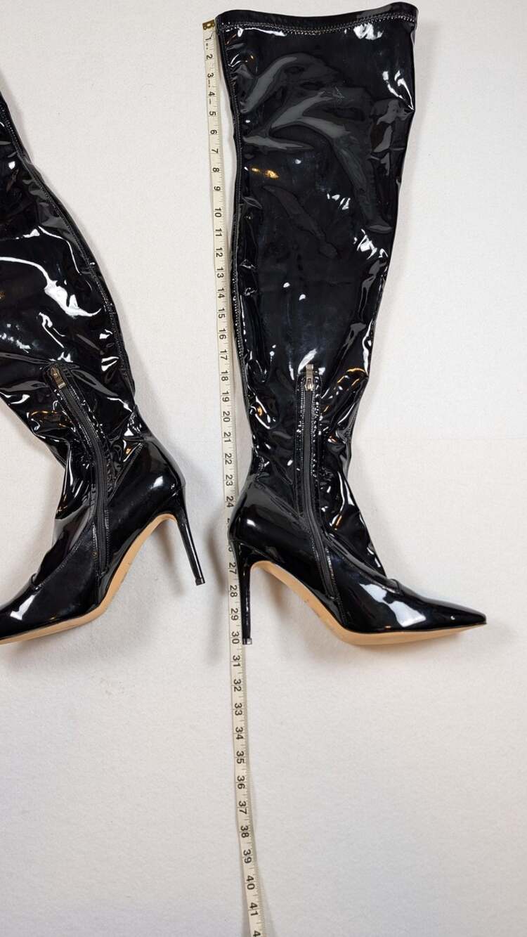 Black Patent Leatherette Over-The-Knee Pointy Toe Stiletto High Heel Boots - Picture 11 of 12